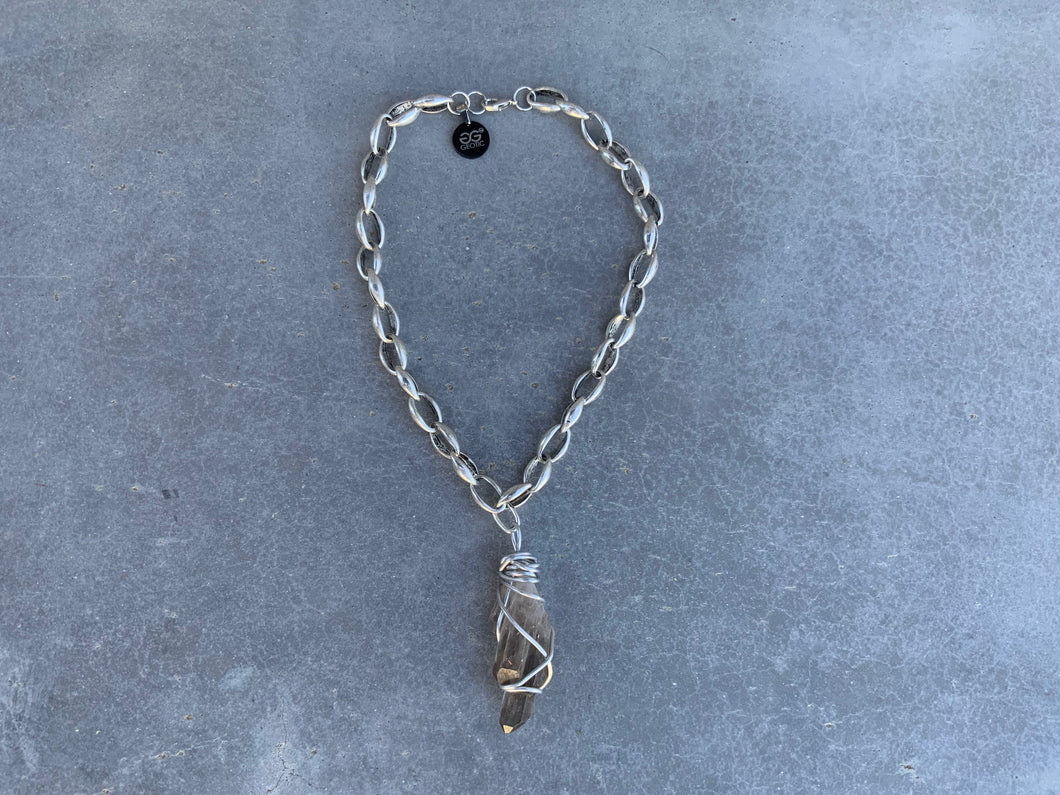 Wire Wrapped Smoky Quartz Choker with Chunky Silver Chain